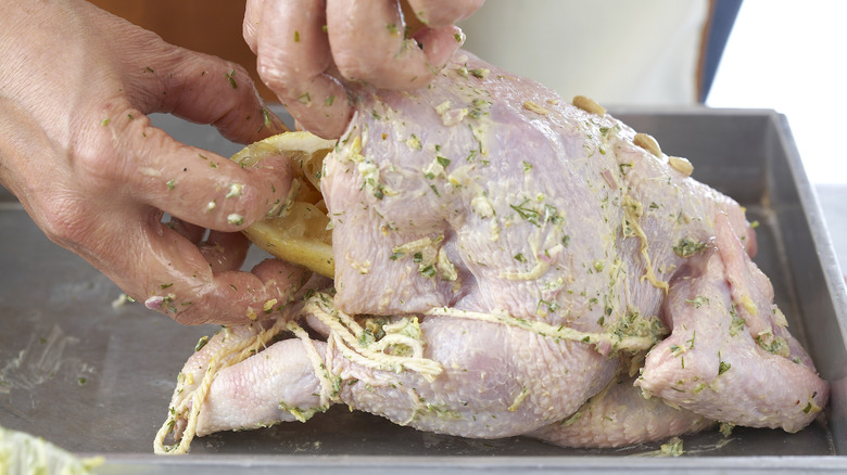 person inserting lemon into the cavity of a whole raw turkey