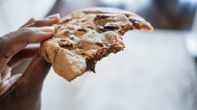 hand holding chocolate chip cookie