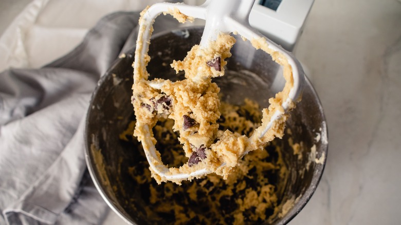 chocolate chip cookie dough on mixer