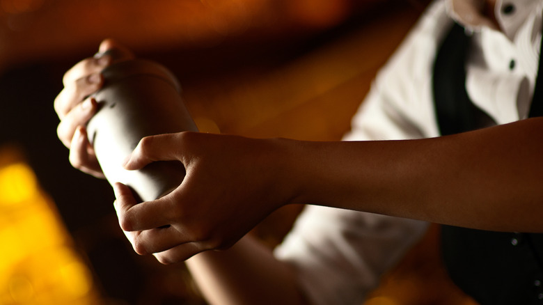 A close-up of hands using a cocktail shaker