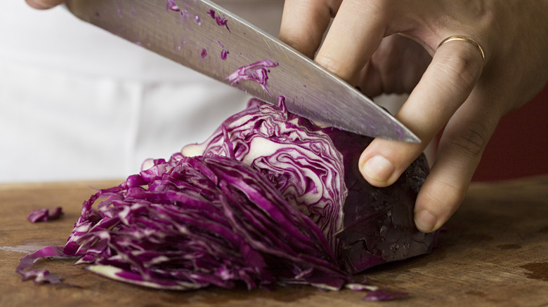 slicing red cabbage with knife