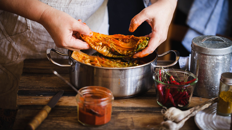 hands holding cabbage leaf