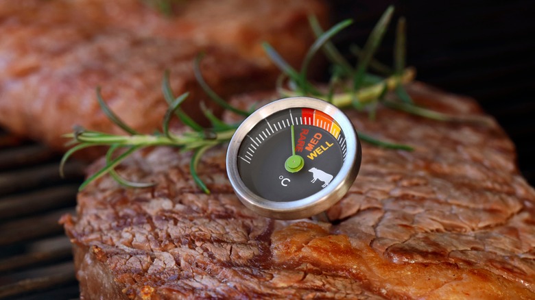 meat thermometer in steak