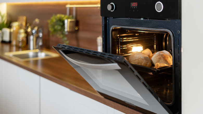 Cooked bread in open oven