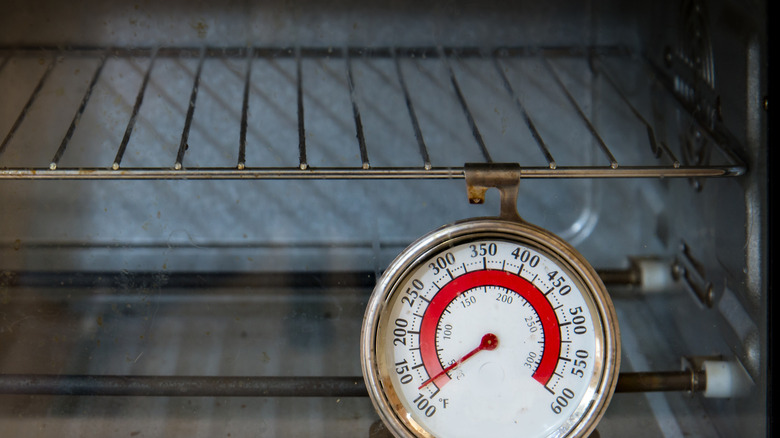 Old oven thermometer hanging off of the oven rack