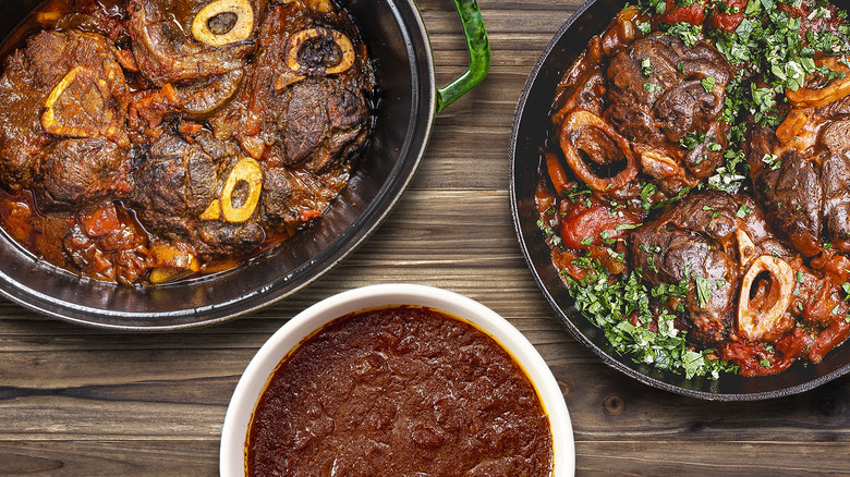 various braised meats in large pots