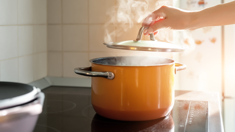 Female hand open lid of enamel steel cooking pan on electric hob with boiling water or soup