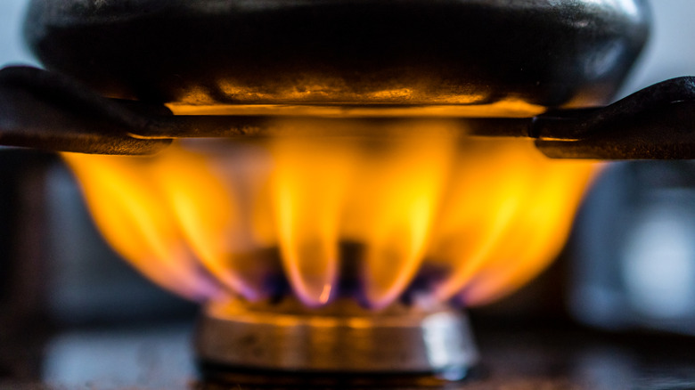 Close-up of gas stove burner and pot