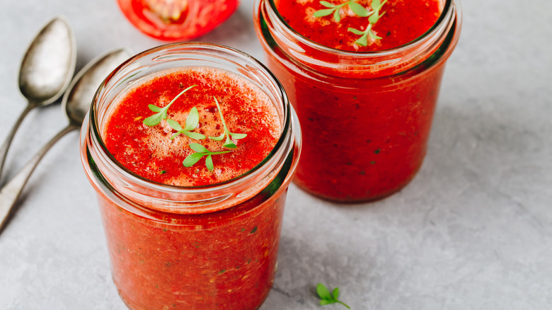 red gazpacho in mason jars