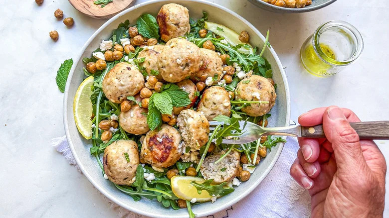 Chicken feta meatballs in bowl