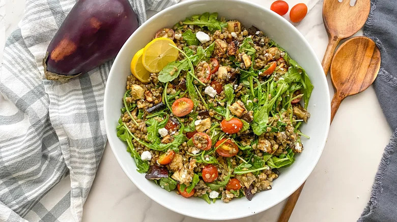 Bowl of eggplant lentil salad