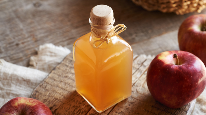 a bottle of apple cider vinegar surrounded by red apples