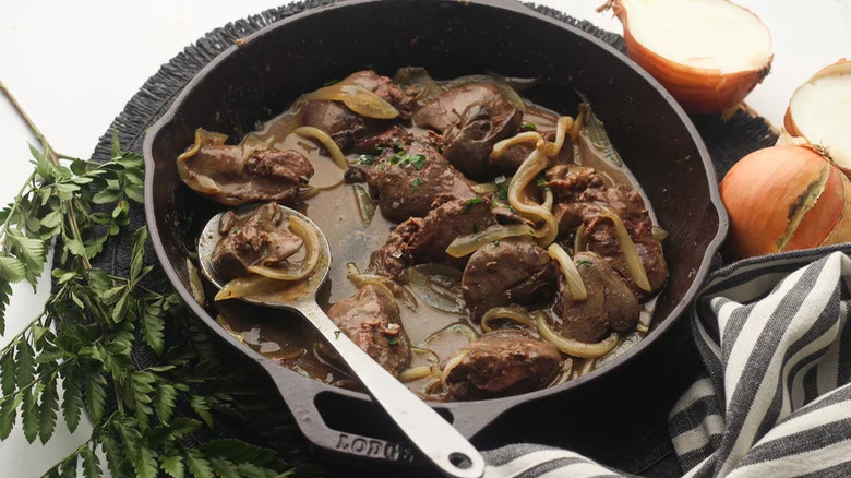 Liver and onions in a skillet