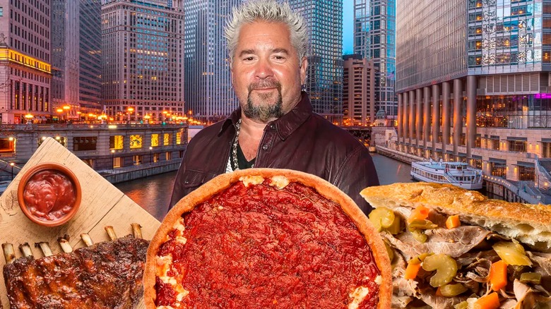 Guy Fieri with Chicago foods and river scenery