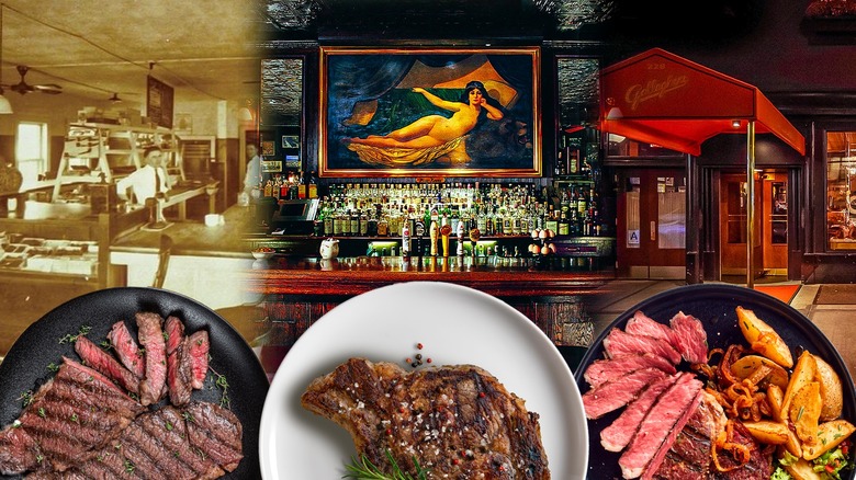 Three steak dishes in front of a collage of three steakhouses