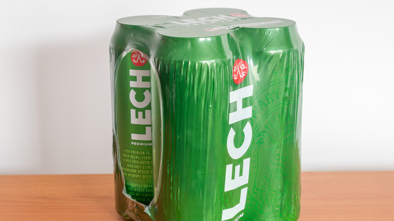 A 4 pack of aluminium cans of Lech Premium beer