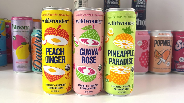 Three Wildwonder prebiotic drink cans on white table