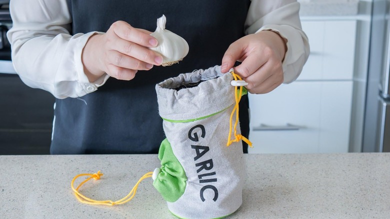 A person putting garlic into an Evriholder Garlic Keeper