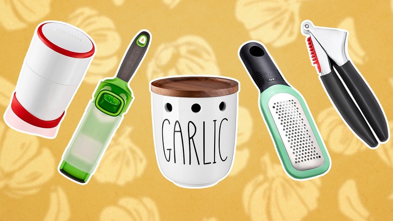 Garlic tools on a yellow garlic background