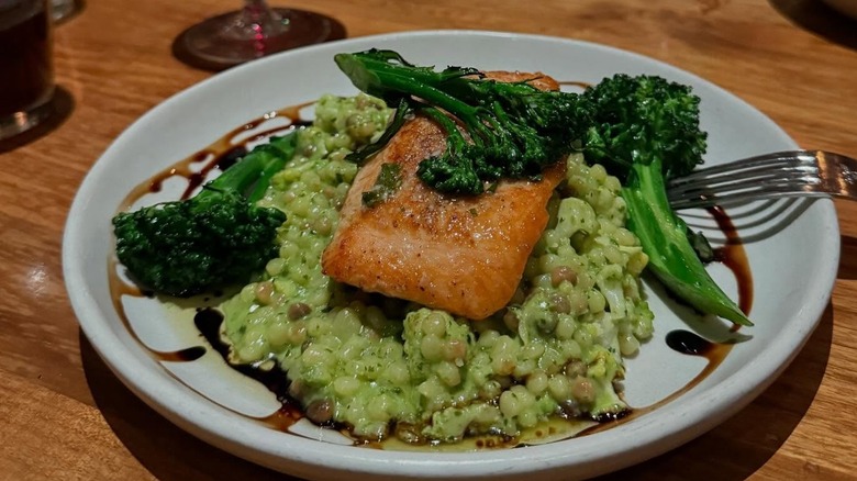 Salmon and broccoli entree at North Italia restaurant.