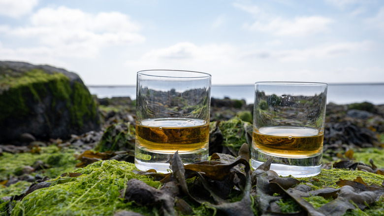 two glasses of Scotch whisky on a Scottish beach