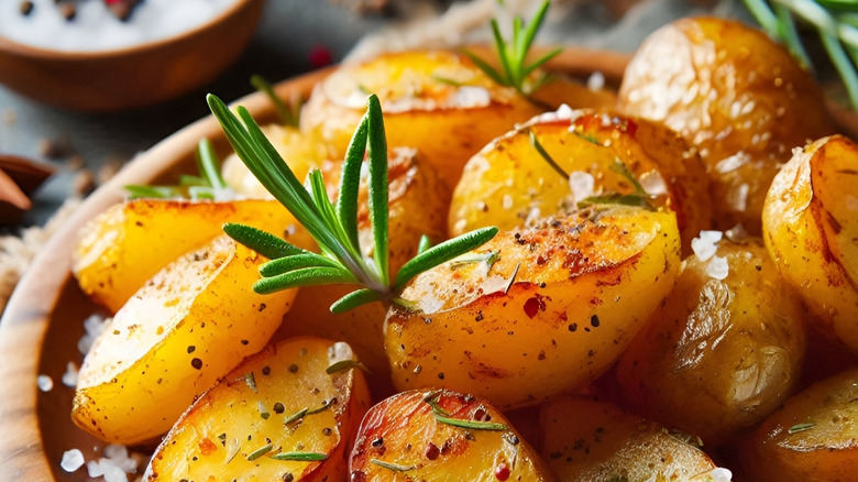Roast potatoes seasoned with salt, pepper, and rosemary