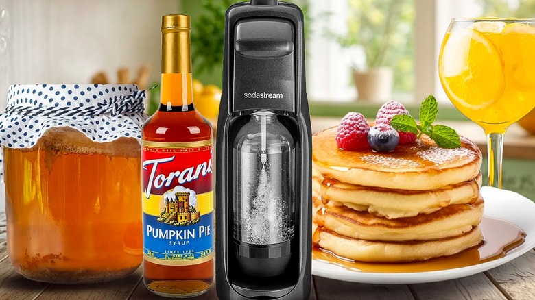 kombucha, Torani syrup, pancakes, and cocktail on table with Sodastream machine