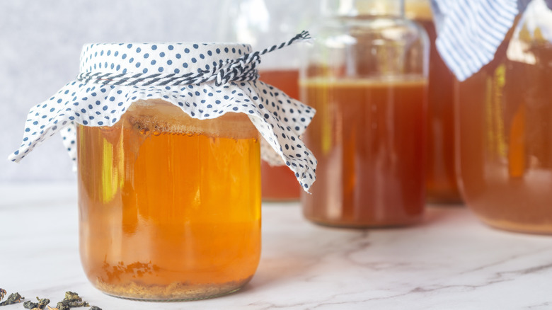 jar of homemade kombucha sealed with polka-dotted cloth and more kombucha jars in background