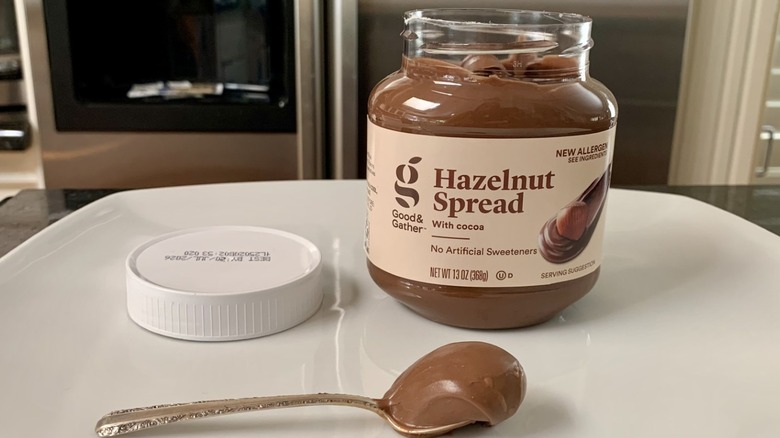 Good & Gather Chocolate Hazelnut Spread with spoonful beside it