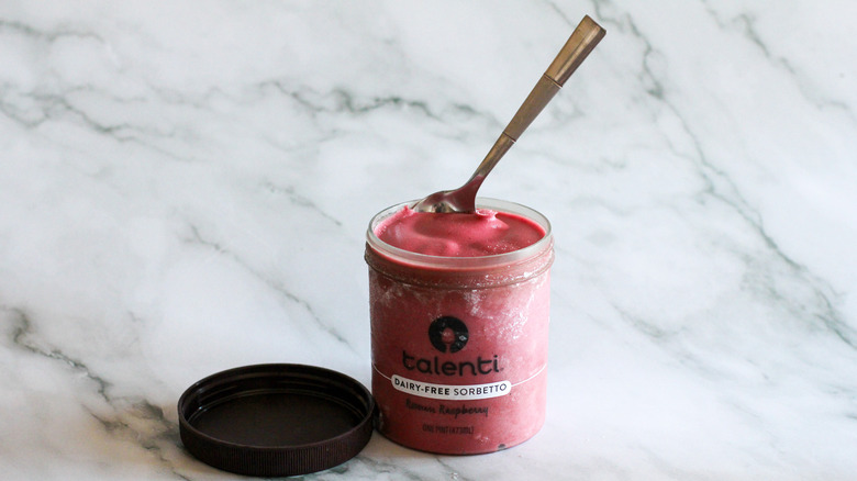 Raspberry sorbet in container