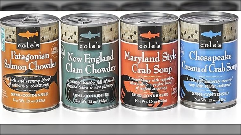 Four cans of Cole's Seafood Soups