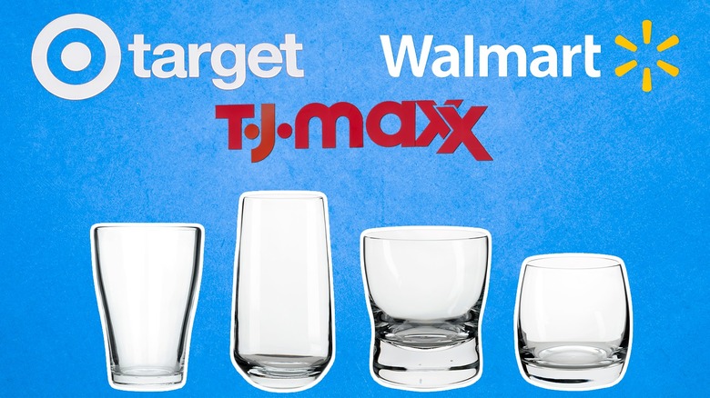 Four glasses underneath the logos for Target, TJ Maxx, and Walmart, against a blue background
