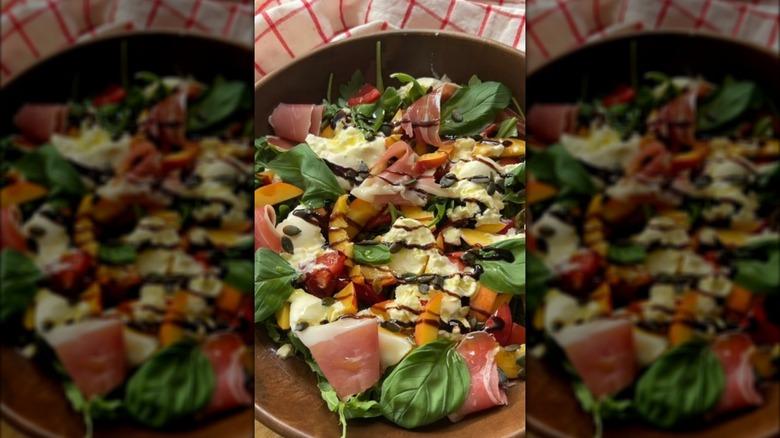 peach and burrata salad with basil and prosciutto