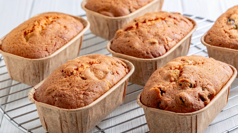 Mini bread loaves on a cooling rack