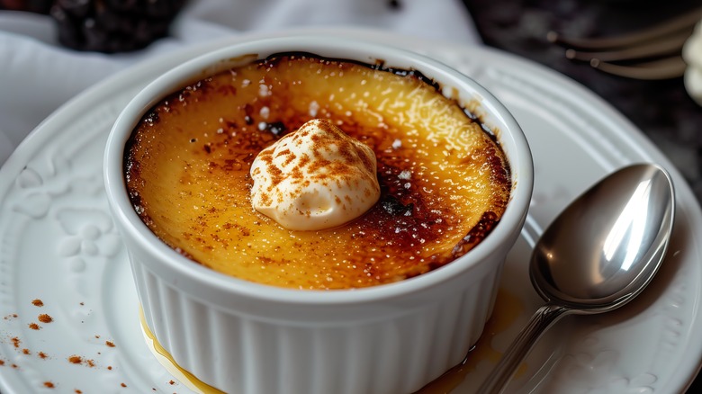 Crème brûlée in a white ramekin dish