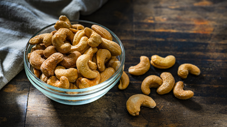 Glass bowl of cashew nuts