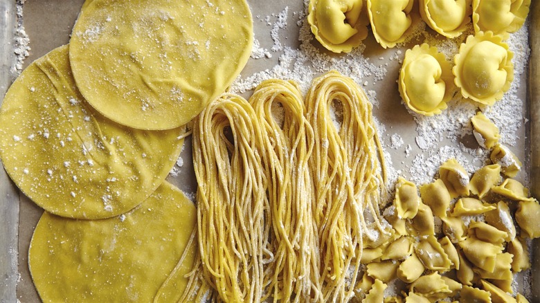 Filled, extruded, and rolled fresh pasta varieties assembled on a flour-dusted tray ready to dry