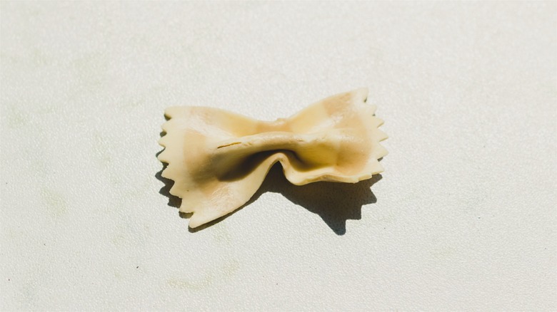 A single piece of bow tie or farfalle pasta with rigged edges situated on an off-white background