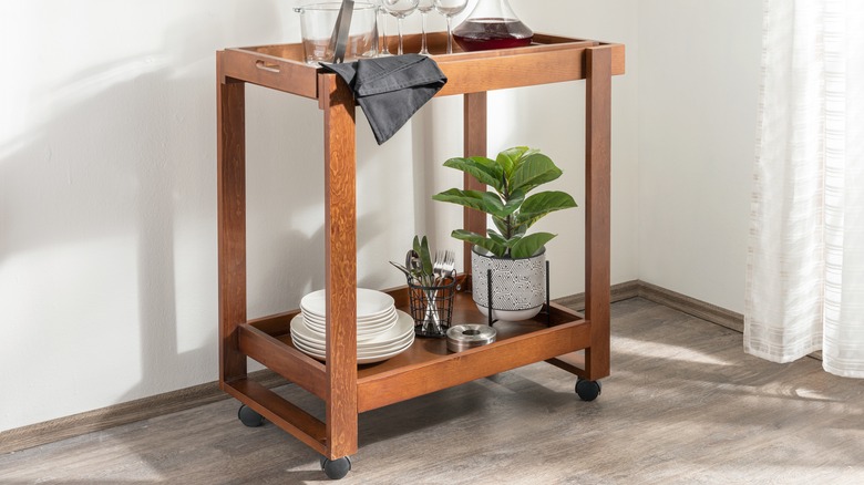 bar cart with dishes