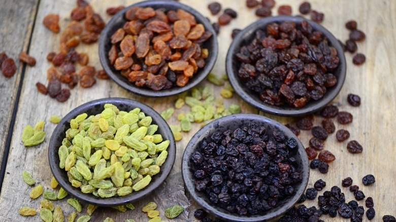 Four bowls of raisins