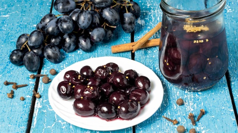 Pickled grapes with jar