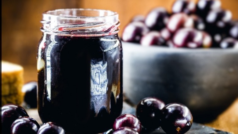 Mason jar of grape jelly