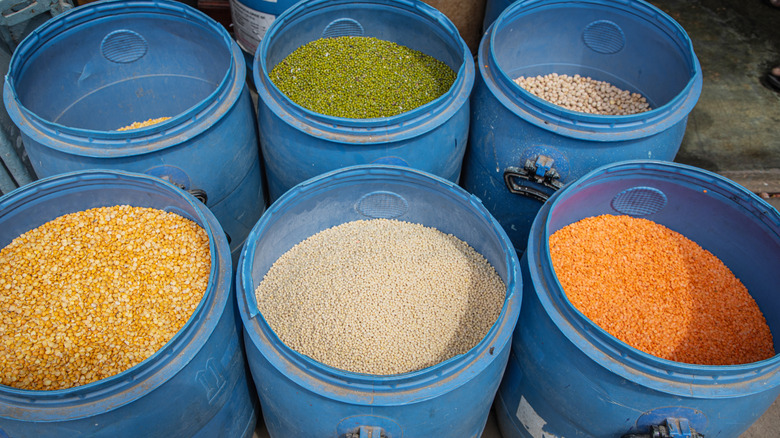 Six huge tubs full of assorted dry foods