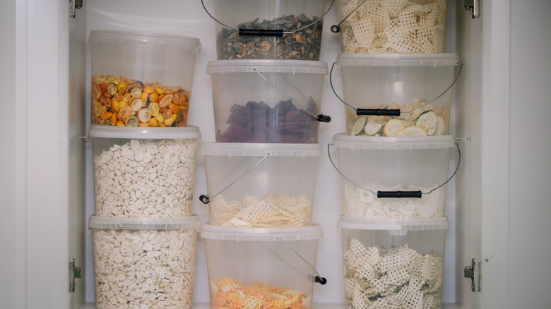 Clear containers of various freeze-dried foods on shelf