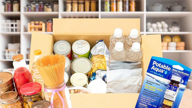 Various emergency provisions in box before pantry shelves