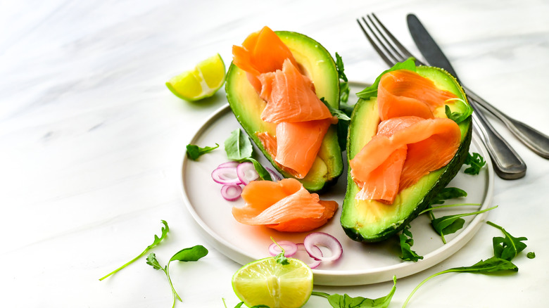 Salmon, avocado, onion slices