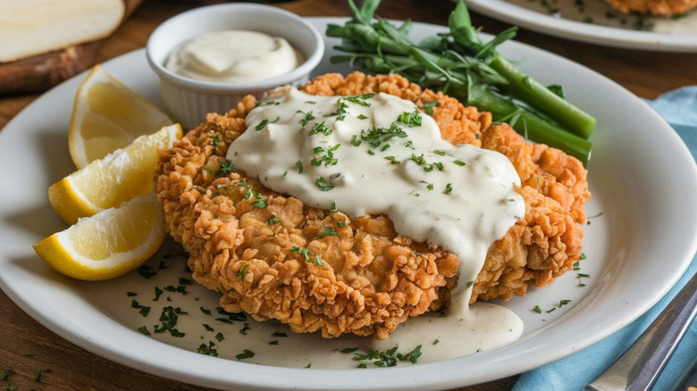 Chicken fried steak and gravy on a white plate