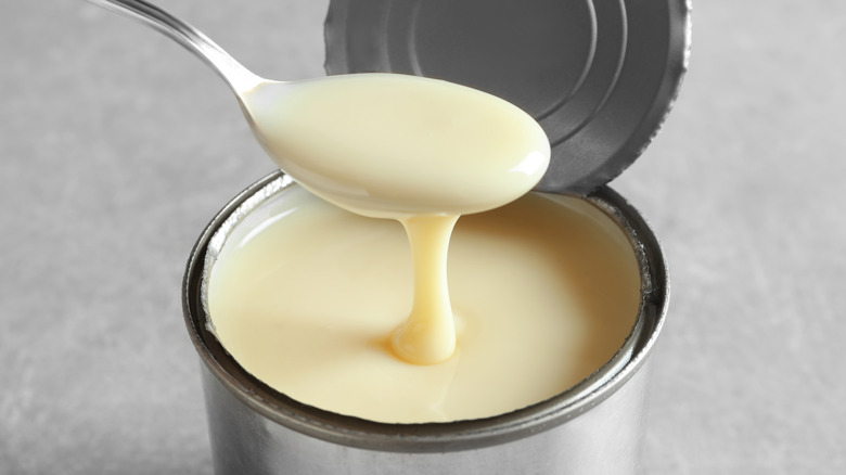 Spoon of canned evaporated milk