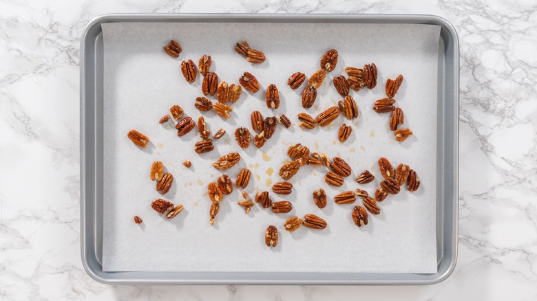 Pecans on baking sheet 