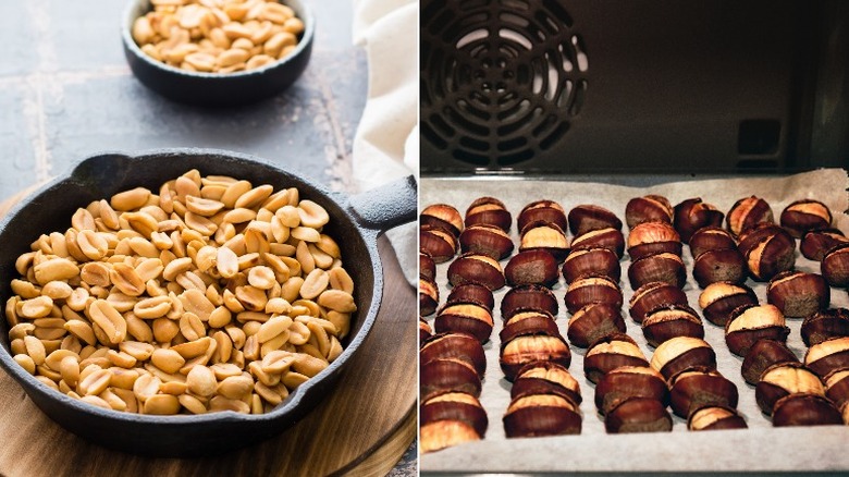 Split image of nuts in pan and in oven